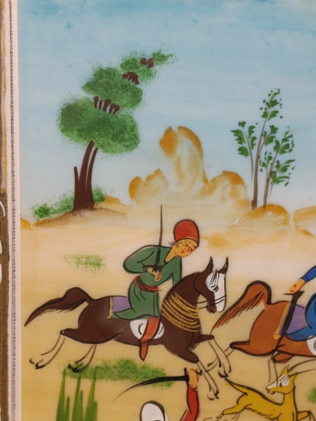 تابلو مینیاتور طرح شکارگاه سلطنتی با قاب خاتمکاری اعلاء